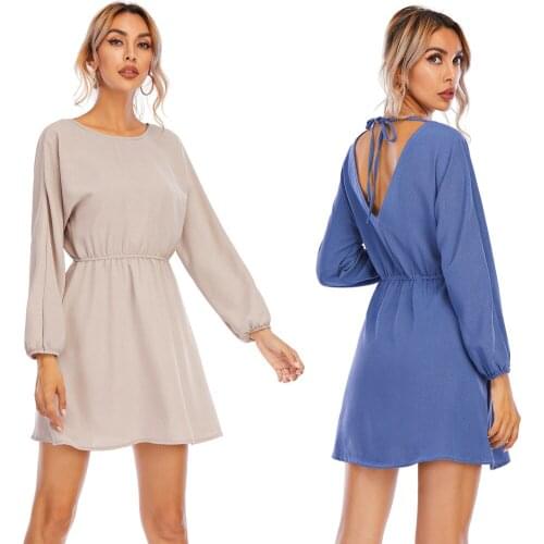 2021 summer wear a sexy open back short middle waist European solid color dress with sleeve head fashionable womens Beach skirt