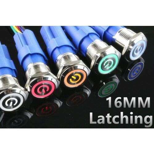 16MM metal waterproof stainless steel button switch, flat head, ring self lock, power mark, LED lamp, automobile refit Power