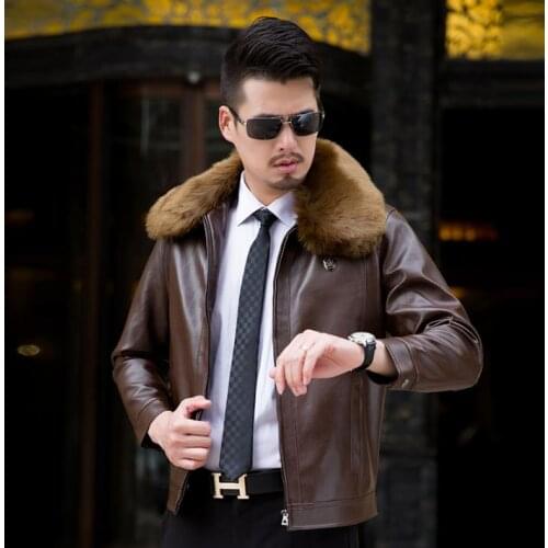 Winter plus velvet jaqueta de couro masculino removable fur collar leather jacket men business casual straight mens coats brown