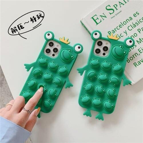 3D Cute Cartoon Frog Reliver Stress Soft Phone Case for iPhone 12 11 Pro Max Antistress Sensory Toys Bounce Back Bubble Cover