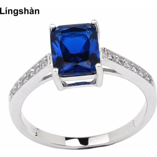 Real 925 Silver Ring Sterling Women Jewelry 7x9mm Radiant Cut Dark Blue CZ Size 9 R100W