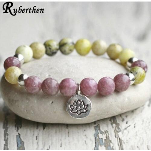 Ruberthen New Arrival Design Gem Stone Bracelet Natural Lepidolite Lotus Charm Bracelet Yellow Howlite Yoga Mala Bracelet