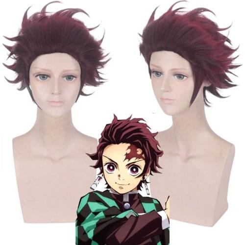 Tanjiro Kamado Wig Blade of Demon Slayer Kimetsu No Yaiba Anime Cosplay Costume Wigs Short Chestnut Brown Heat Resistant Hair