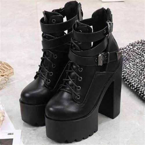 Sexy 15CM Thick High Heels Waterproof Shoes Woman Platform Pumps PU Buckle Strap Round Toe Office Career waterproof womens shoes