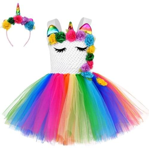 Rainbow Flowers Unicorn Dress for Girls Birthday Party Gift Baby Girl Princess Tutu Dress Kids Halloween Cosplay Unicorn Costume