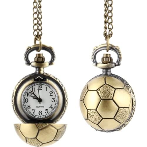 Retro Soccer Ball Shape Bronze Round Quartz Pocket Watch with Chain Necklace Jewelry Gifts EIG88