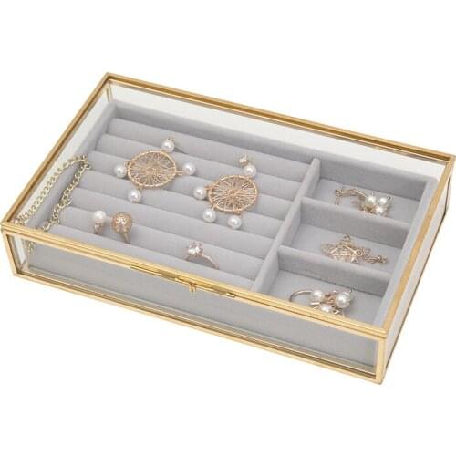 Glass Jewelry Organizers with Removable Velvet Drawer Tray Handmade Metal Brass Lace Edged Decorative Jewelry Box for Keepsake