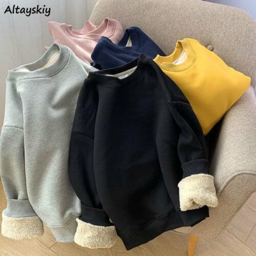 Hoodies Sweatshirts Winter Thickening Ladies Solid All-match Students Korean Style Warm Long Sleeve O-neck Casual Popular Loose