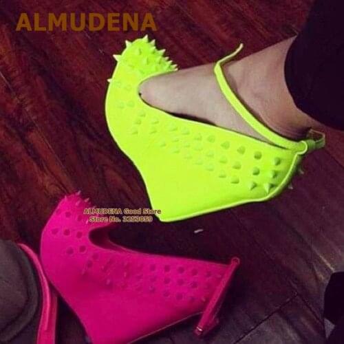 ALMUDENA Neon Yellow Wedges Rivets Dress Shoes Platform Fuchsia Studded Ankle Buckle Strap Gladiator Pumps Plus Size Spike Shoes