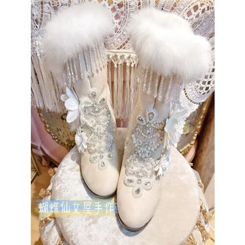 Hand made high tube rabbit hair Plush crystal tassel small fairy shoes flower thick heel shoes