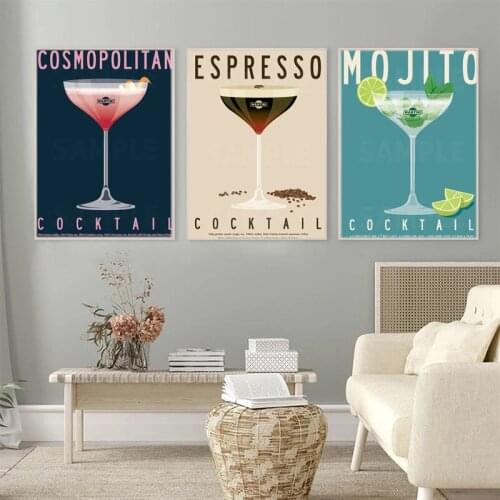 Vintage Bar Decor Cosmopolitan,Mojito Poster,Espresso Cocktail Canvas Painting,Martini Cocktail Wall Picture, for Living Room