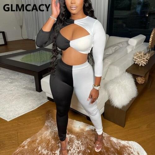 Women Two Piece Colorblock Suits Long Sleeve Crop Top & Skinny Fitness Pants Set