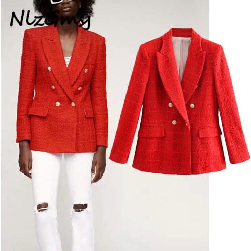 Nlzgmsj Za Blazer Women England Style Double Breasted Texture Tweed Blazer Coat Office Ladies Long Sleeve Suits Chic Tops 202105
