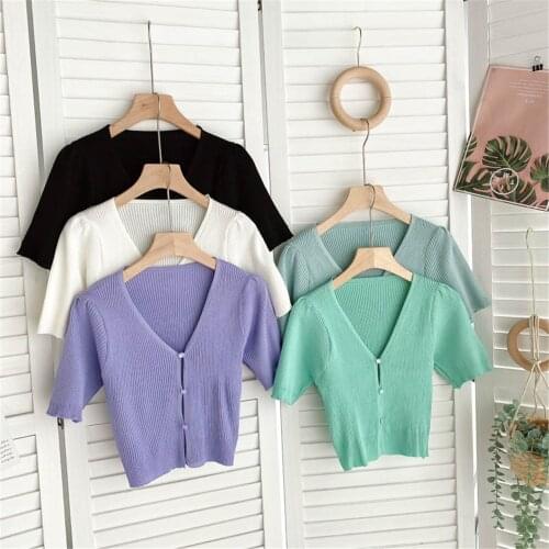 Women V Neck Short Sleeve Knitted Cardigan Fashion Basic Crop Top Sweater Summer Cropped Tops Tee Shirt Female Clothing 2021
