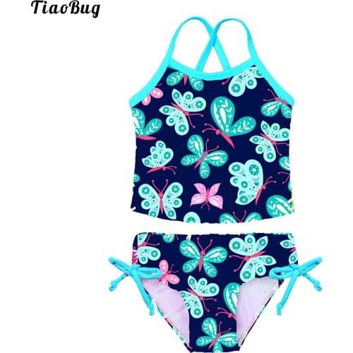 TiaoBug 3 To 14 Years Summer 2Pcs Kid Girls Tankini Floral Printed Swimsuit Swimwear Bathing Suit Tops With Tie Side Bottoms Set