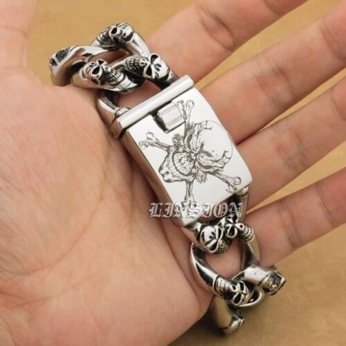 316L Stainless Steel Huge Heavy Deep Engraved Pirate Skulls Chain Mens Biker Rock Punk Bracelet 5F105