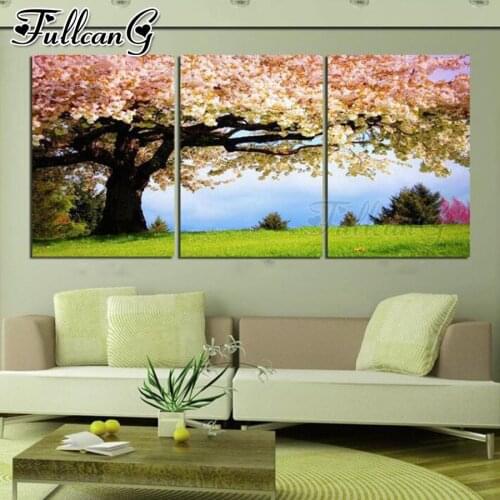 FULLCANG 5d diy diamond embroidery cherry tree landscape diamond painting triptych full square round drill decoration FC2493