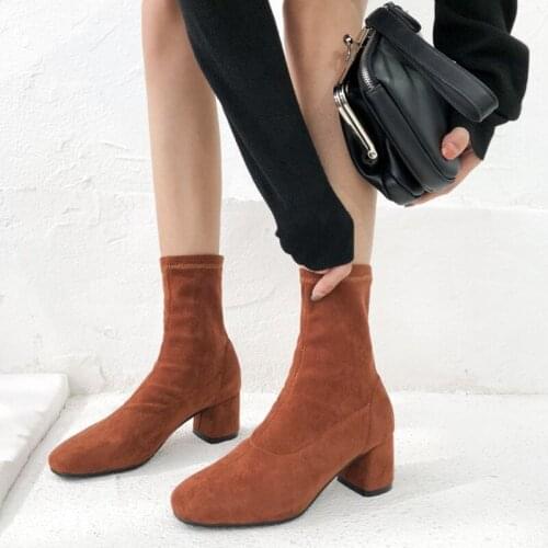 Ochanmeb Elegant Slip-on Elastic Stretch Boots for Women Autumn Fall Winter Black Gray Brown Slim Woman Short Booties Size 32 33