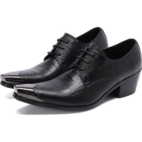 British Style Metal Pointed Toe Lace Up Man Plus Size Black Leather Shoes Business Party Mens 6.5cm High Heels Shoes Zapatos