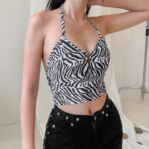 Women Sexy Halter Bandage Backless Crop Top Hollow Out Front Bodycon Camisole Zebra Stripes Print Sling Vest Streetwear