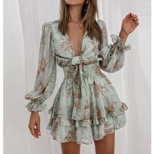 Women Spring V Neck Chiffon Print Dress Self-tie Knot Front Ruffles Leopard Dress Female Sexy Short A Line Party Vestidos 2021