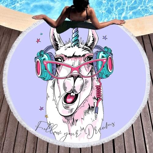 Cartoon Unicorn Purple Round Beach Towel Wall Tapestry Picnic Blanket Portable Outdoor Sport Storage Bag Bundle Pocket Kids Gift