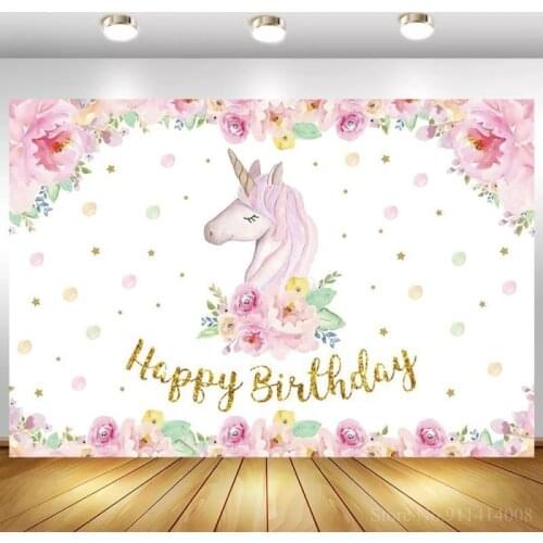 Customize Unicorn Birthday Party Backdrop Pink Baby Flower Child Family Party Portrait Photography Background Photo Studio