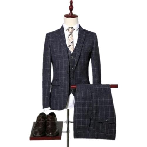 Custom High Quality Plaid Wedding Suits Men,Blazer Men,Wedding Dress,Stripe Mens Dress Suits Jacket+Pants+Vest Costume Homme