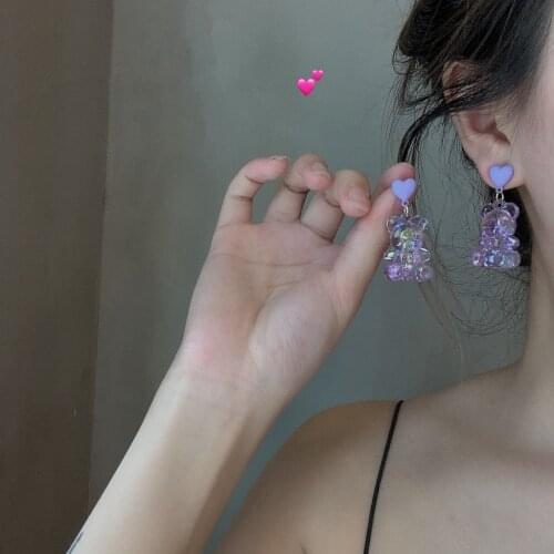 Korean Lovely Color Transparent Bear Animal Women Candy Heart Stud Earrings Resin Three-dimensional Lady Fashion Jewelry Ear Cub