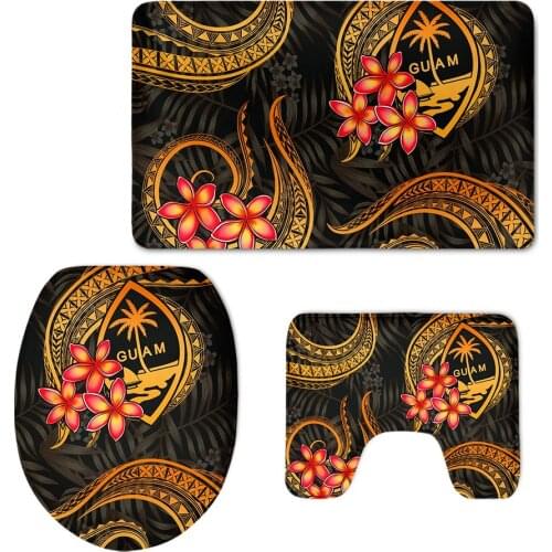 Colorful Polynesian Tribal Design Bath Mat Set Soft Non-Slip Easy to Clean Toilet Cover Art Decor Bathroom Accessories 3pcs/Set
