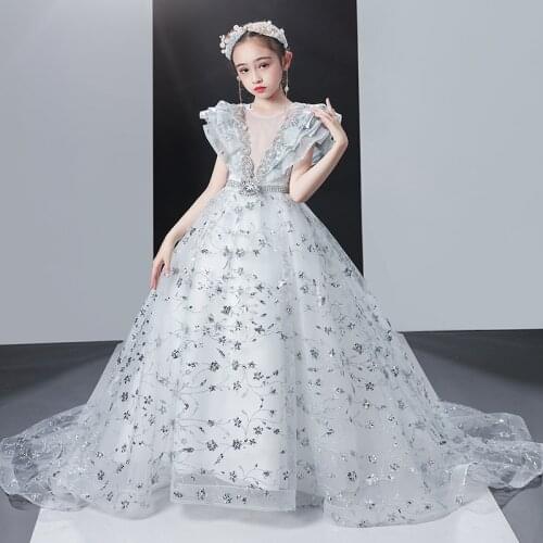 New Arrival 2021 Sheer O Neck Shiny Lace Ball Gown Girl Dresses Sweep Train Luxury Gown for Party