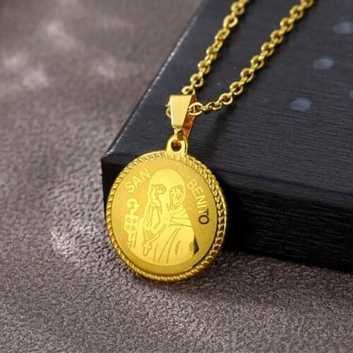 Stainless Steel Religious San Benito Medal Pendant Vintage Gold St. Benedict Necklace Religious Catholic Pendants Jewelry