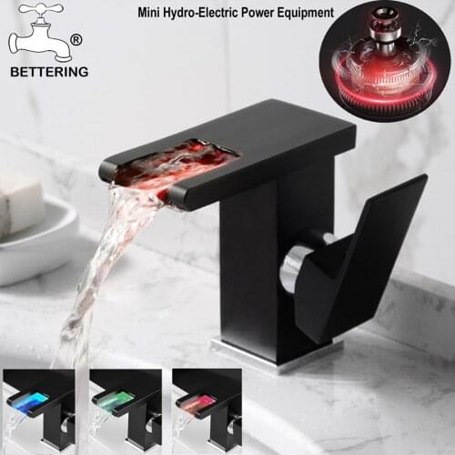 Bettering Black Faucet LED Waterfall Brass Tap Temperature Colors Change Water Mixer Tap Stream Deck Bathroom Faucet Sink Faucet
