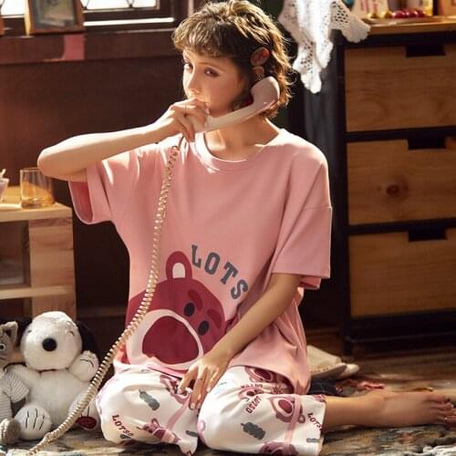 Summer Sleep Lounge Pajama Short Sleeve Top + Long Pant Woman Pajama Set Cartoon Pyjamas Cotton Sleepwear Women M L XL XXL