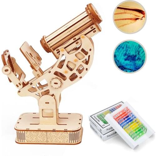 Educational Biological Microscope Wooden Mechanical 3D Puzzle Stem Kits With Slides Optical 160X Magnification For Kids Adult