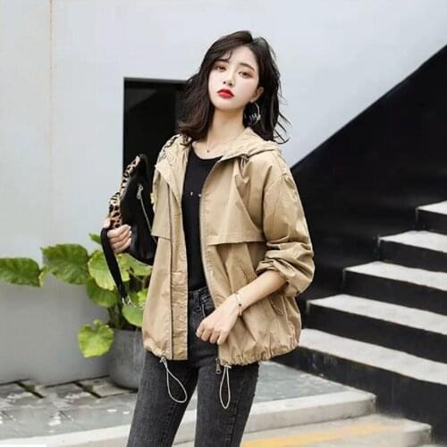 2021 New Womens Coat Tooling Spring Autumn Jacket Women Loose Hooded Zipper Casual Short Windbreaker Khaki Black Army Green