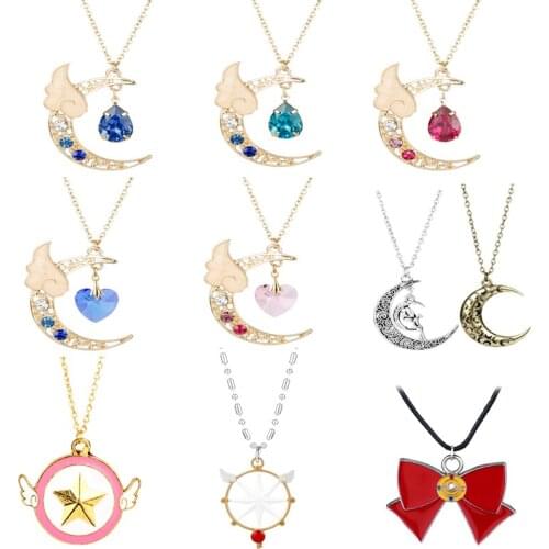 Anime Sailor Moon Wand Pendant Necklace Cute Cartoon Bowknob Cardcaptor Sakura Heart Key Moon Shape Dangle Choker Jewelry