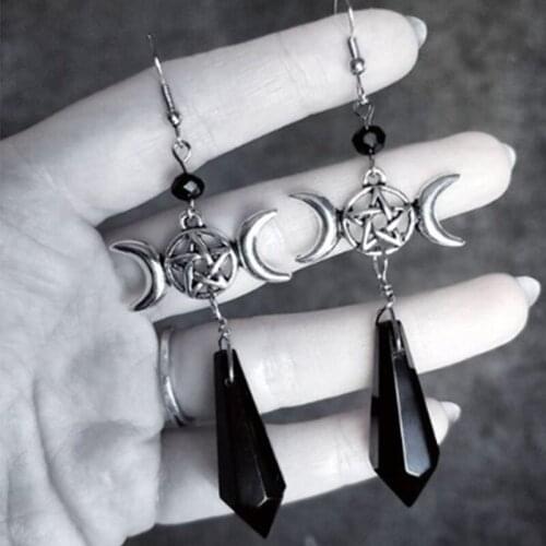 A Pair Gothic of Triple Moon Goddess Black Glass Crystal Drop Earrings Occult Pagan Pendant Jewelry Gift for Women