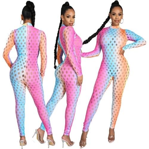 Sexy Fashion Nightclub Super Stretch Jacquard Knitted Jumpsuits Multicolor Hollow Out Round Neck Long Sleeve Bodycon Bodysuits