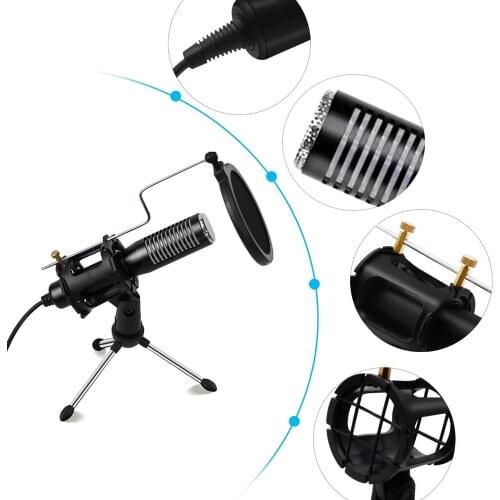 Mini USB Wired Condenser Microphone Mic with Mini Tripod Stand Shock Mount Pop Filter for PC Laptop Game Playing Music Recording