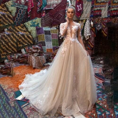 Sheer Deep Neckline Champagne Sequins Long Sleeves Wedding Dress with Lace Applique Illusion Back Lace Bridal Gowns