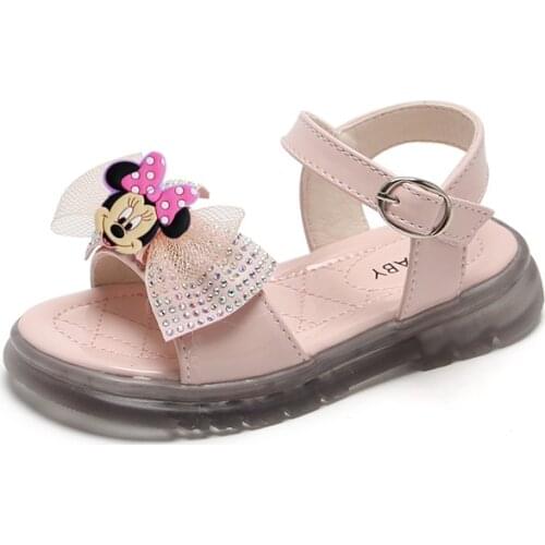 Disney Girls Princess Sandals 2021mickey Spring Summer New Fashion Soft-soled Childrens Shoes Flat Heel Buckle Bow Beach Shoes