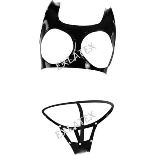 Sexy Lingerie Black Erotic Underwear Erotic Lingerie Open Bra Latex Rubber Cupless Tank Top with Thong Briefs Lingerie Set