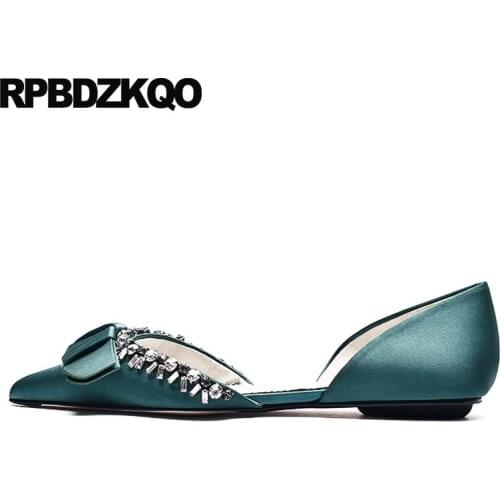 Silk Italian Green Bow Rhinestone Diamond Crystal Pointed Toe Women Flats Designer Satin Chinese Wedding Shoes Dress Red Wine