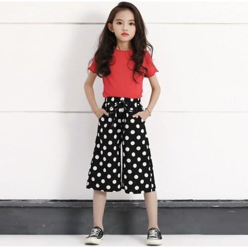 Teenage Girls Pants Kids Wide Leg Dot Toddler Summer Pants Calf Length Loose Black Little Kids Clothes Spring 2019 Fashion