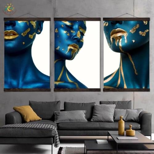 Blue Gold Makup Girl Wall Art Scroll Canvas Framed Print Painting Vintage Posters and Prints Wall Pictures Modern Home Decor