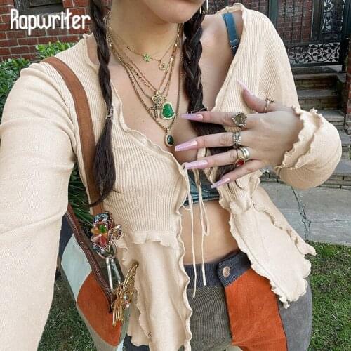 Rapwriter Y2K Tie Up Crop Top Vintage Frill Patchwork Cardigans Women Autumn Knitted Tshirt Casual Solid Skinny Top Streetwear