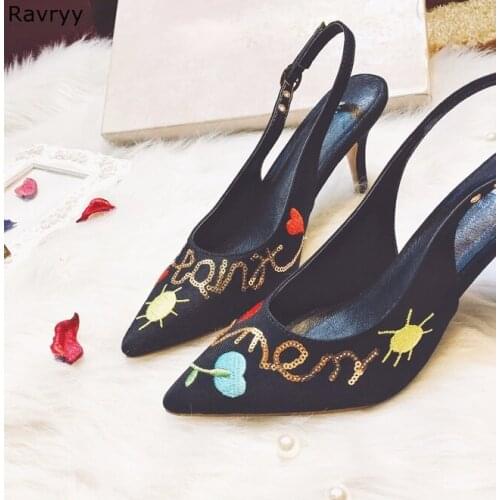 Embroider flowers Woman high heel Pointed Toe Sexy Pumps ankle buckle decor suede lather black female dress shoes stiletto