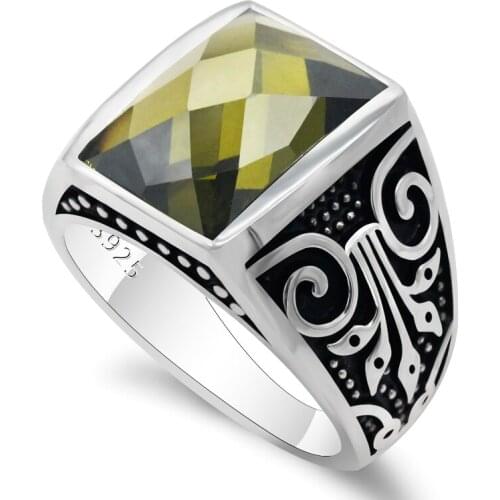 Vintage 925 Sterling Silver Mens Ring with Rectangle Olive Cubic Zircon Lovely Elves Rings Turkish Jewelry for Male Women gift