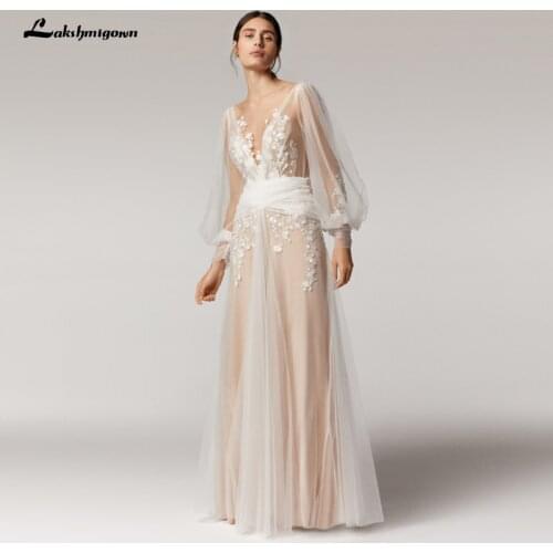 Vintage Lace Champagne Wedding Dresses Lace Appliques Long Sleeve Wedding Gowns Hochzeit Longue Robe 2021 New Arrival